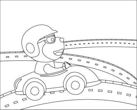 Cute monkey cartoon driving a vintage race car. Cartoon isolated vector illustration, Creative vector Childish design for kids activity colouring book or page.のイラスト素材