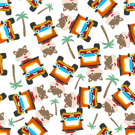 Seamless pattern vector of cute little fox driving monster truck. Creative vector childish background for fabric textile, nursery background, baby clothes, poster, wrapping paper and other decoration.のイラスト素材