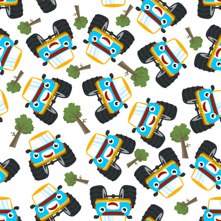 Seamless pattern vector of cute monster truck. Creative vector childish background for fabric textile, nursery background, baby clothes, poster, wrapping paper and other decoration.のイラスト素材