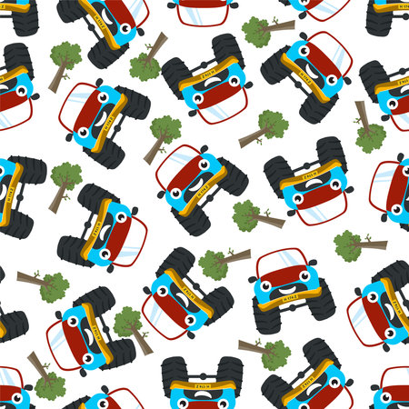 Seamless pattern vector of cute monster truck. Creative vector childish background for fabric textile, nursery background, baby clothes, poster, wrapping paper and other decoration.のイラスト素材