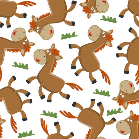 Vector equestrian seamless pattern of flat cartoon bay horse isolated on white background, Creative vector childish background for fabric textile, nursery wallpaper, brochure. and other decoration.のイラスト素材