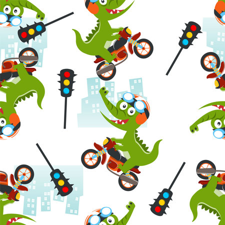 Seamless pattern of cute crocodile ride a motorcycle, Can be used for t-shirt print, kids wear fashion design, invitation card. fabric, textile, nursery wallpaper, poster and other decoration.のイラスト素材