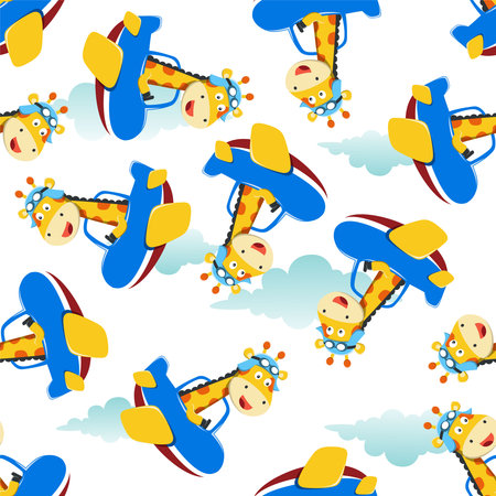 Seamless pattern of cute giraffe flying in an airplane, Creative vector childish background for fabric textile, nursery wallpaper, brochure. and other decoration.のイラスト素材
