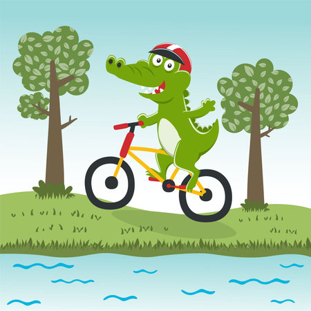 Cute crocodile kid riding a yellow bicycle. Funny vector illustration. Creative vector childish background for fabric, textile, nursery wallpaper, poster, card, brochure. and other decoration.のイラスト素材