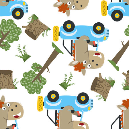Seamless pattern of cute little horse driving a car go to forest funny animal cartoon,vector illustration. Vector illustration. T-Shirt Design for children. Design elements for kids.のイラスト素材