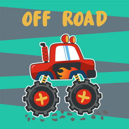 Vector illustration of monster truck with cartoon style. Can be used for t-shirt print, kids wear fashion design, invitation card. fabric, textile, nursery wallpaper, poster and other decoration.のイラスト素材
