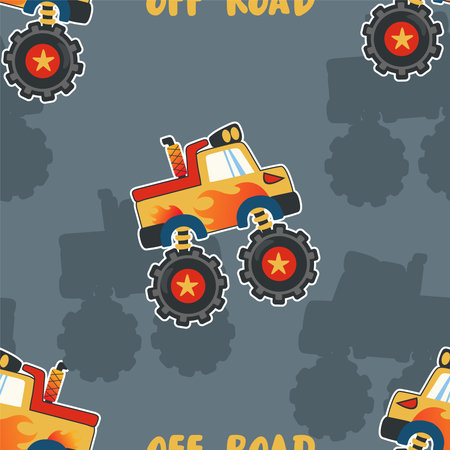 Seamless pattern vector of monster truck with cartoon style. For fabric textile, nursery, baby clothes, background, textile, wrapping paper and other decoration.のイラスト素材