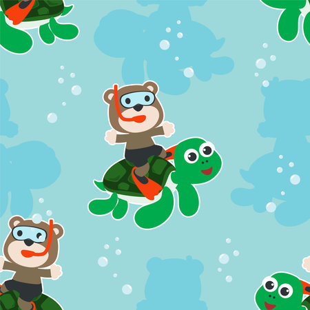 Seamless pattern texture with little turtle and bear are swim in  underwater. For fabric textile, nursery, baby clothes, background, textile, wrapping paper and other decoration.のイラスト素材