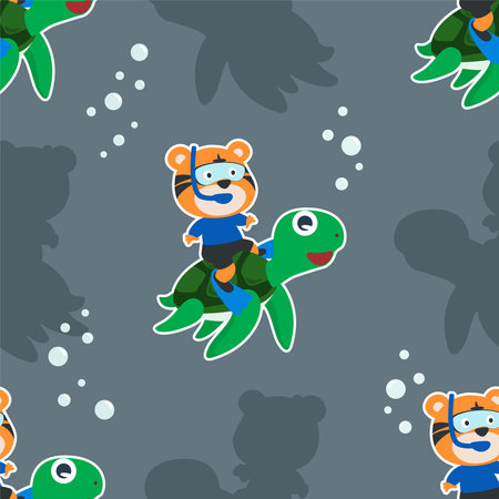 Seamless pattern texture with little turtle and tiger are swim in  underwater. For fabric textile, nursery, baby clothes, background, textile, wrapping paper and other decoration.のイラスト素材