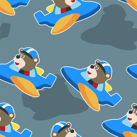 Seamless pattern vector of cute bear flying in airplane cartoon hand drawn vector illustration. For fabric textile, nursery, baby clothes, background, textile, wrapping paper and other decoration.のイラスト素材