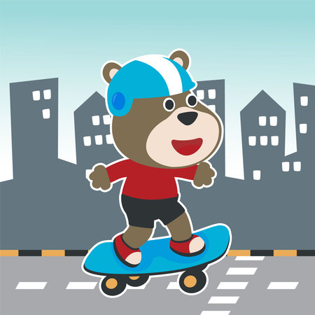 Cute cartoon character bear skater. Vector print with cute bear on a skateboard. Can be used for t-shirt print, kids wear fashion design, fabric textile, nursery wallpaper and other decoration.のイラスト素材