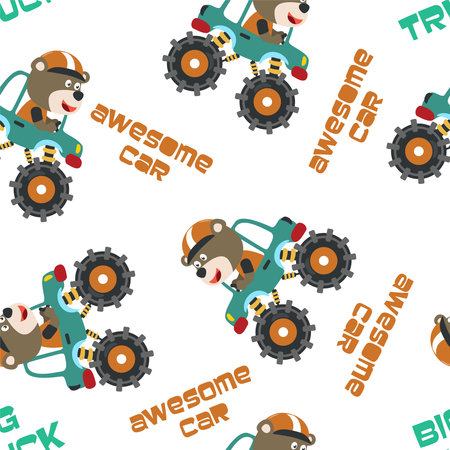 Seamless pattern vector of monster truck with animal driver. Creative vector childish background for fabric textile, nursery background, baby clothes, poster, wrapping paper and other decoration.のイラスト素材