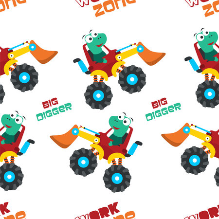 Seamless pattern of dinosaurs riding contruction vehicle with cartoon style. Creative vector childish background for fabric textile, baby clothes, wrapping paper and other decorationのイラスト素材