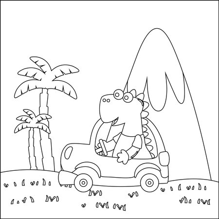 Cute dinosaur driving a car go to forest funny animal cartoon. Childish design for kids activity colouring book or page.のイラスト素材