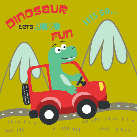 Cute little dinosaur driving a car go to forest funny animal cartoon. Creative vector childish background for fabric, textile, nursery wallpaper, poster, card, brochure. and other decoration.のイラスト素材