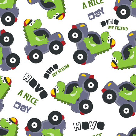 Seamless pattern of cute dinosaur driving a car go to forest funny animal cartoon. Can be used for t-shirt print, kids wear fashion design, print for t-shirts, baby clothes, poster. and other decoration.のイラスト素材