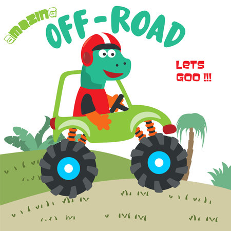 Vector illustration of dinosaurs riding monster truck with cartoon style. Can be used for t-shirt print, kids wear, invitation card. fabric, textile, nursery wallpaper, poster and other decoration.のイラスト素材