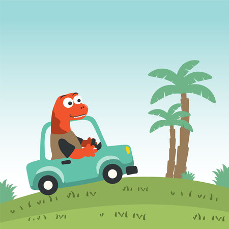 Cute little dinosaur driving a car go to forest funny animal cartoon. Creative vector childish background for fabric, textile, nursery wallpaper, poster, card, brochure. and other decoration.のイラスト素材