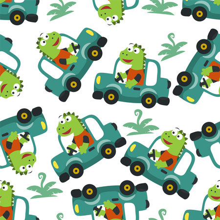 Seamless pattern of cute dinosaur driving a car go to forest funny animal cartoon. Can be used for t-shirt print, kids wear fashion design, print for t-shirts, baby clothes, poster. and other decoration.のイラスト素材