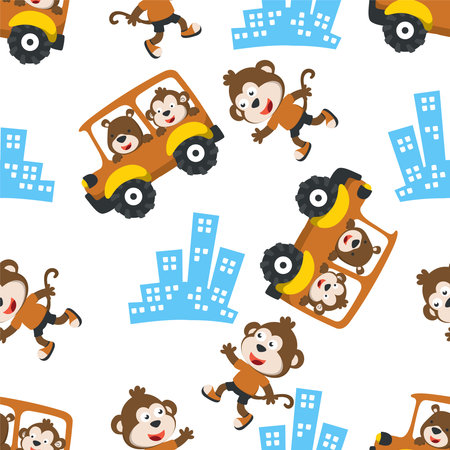Seamless pattern of funny bear driving car in the road. Creative vector childish background for fabric, textile, nursery wallpaper, poster, card, brochure. and other decoration.のイラスト素材