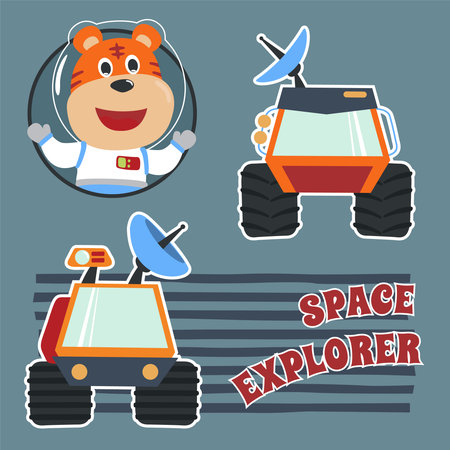 Space tiger or astronaut in a space suit with cartoon style. Can be used for t-shirt print, kids wear fashion design, invitation card. fabric, textile, nursery wallpaper, poster and other decoration.のイラスト素材