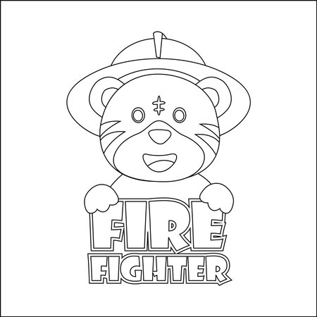 Cute junior fire fighter. Cartoon hand drawn vector illustration. Cartoon isolated vector illustration, Creative vector Childish design for kids activity colouring book or page.のイラスト素材