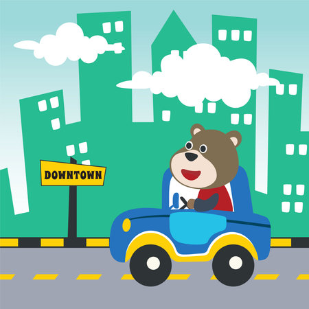 Vector cartoon of funny tiger driving car in the road with village landscape. Can be used for t-shirt printing, children wear fashion designs, baby shower invitation cards and other decoration.のイラスト素材
