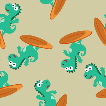Surfing time with cute little dinosaurs at summer. Seamless pattern texture for fabric textile, nursery, baby clothes, background, textile, wrapping paper and other decoration.のイラスト素材