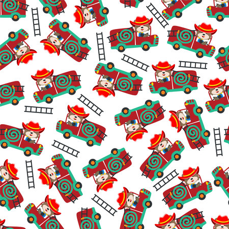 Vector of seamless pattern fire fighter car with animal fire fighter cartoon, Creative vector childish background for fabric, textile, nursery wallpaper, card, poster and other decoration.のイラスト素材