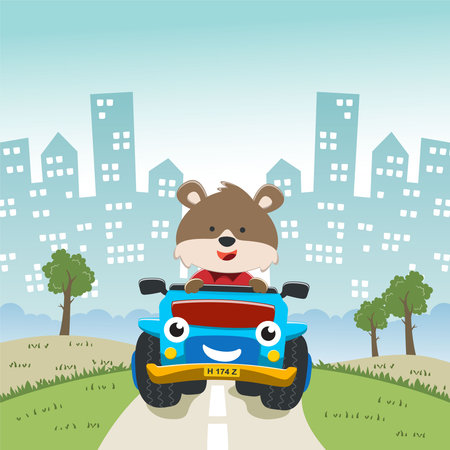 Vector illustration of cute little fox on a truck go to forest, Can be used for t-shirt print, kids wear, invitation card. fabric, textile, nursery wallpaper, poster and other decoration.のイラスト素材