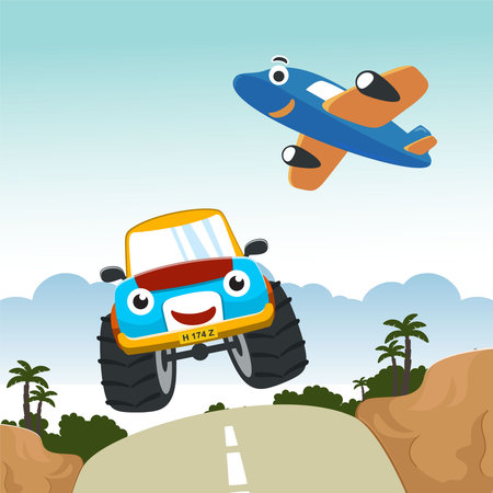 Vector illustration of monster truck with cartoon style. Can be used for t-shirt print, kids wear, invitation card. fabric, textile, nursery wallpaper, poster and other decoration.のイラスト素材