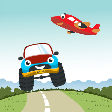 Vector illustration of monster truck with cartoon style. Can be used for t-shirt print, kids wear, invitation card. fabric, textile, nursery wallpaper, poster and other decoration.のイラスト素材