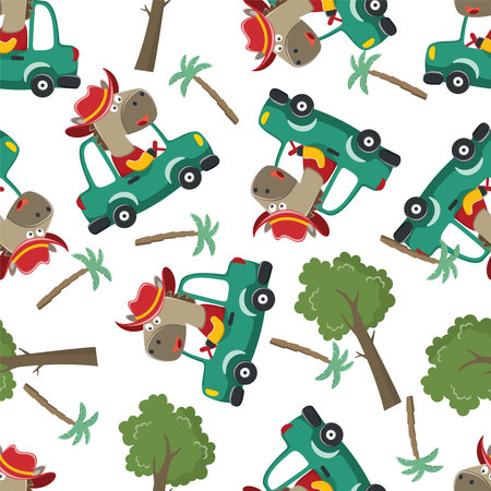 Seamless pattern of cute little horse driving a car go to forest funny animal cartoon,vector illustration. Vector illustration. T-Shirt Design for children. Design elements for kids.のイラスト素材