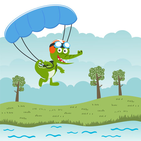 Vector illustration of a cute crocodile flying with a parachute. with cartoon style. Creative vector childish background for fabric textile, nursery wallpaper, poster, card, brochure. vector illustrationのイラスト素材