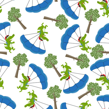 Seamless vector pattern with skydiver crocodile, Design concept for kids textile print, nursery wallpaper, wrapping paper. Cute funny background.のイラスト素材