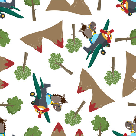 Seamless pattern of Cute little horse flying on a airplane. funny animal cartoon. Creative vector childish background for fabric textile, nursery wallpaper, poster, brochure. and other decoration.のイラスト素材