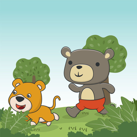 Cute bear and lion runs in Africa Funny Kid Graphic Illustration. T-Shirt Design for children. Creative vector childish background for wallpaper, poster and other decoration.のイラスト素材