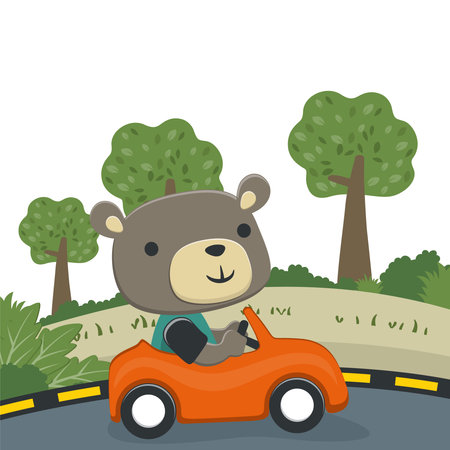 cute bear driving a car go to forest funny animal cartoon. Creative vector childish background for fabric, textile, nursery wallpaper, poster, card, brochure. and other decoration.のイラスト素材