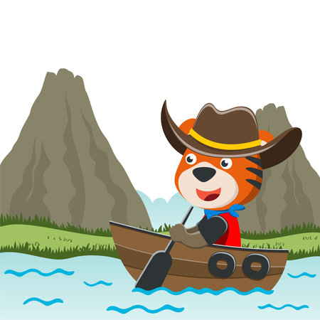 Vector cartoon illustration of cute tiger sailing on sailboat with cartoon style. Can be used for t-shirt print, kids wear fashion design, fabric textile, nursery wallpaper and poster.のイラスト素材
