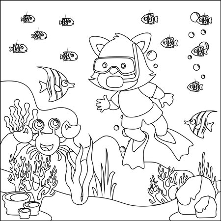 Vector cartoon illustration of little bear diving in undersea with cartoon style Childish design for kids activity colouring book or page.のイラスト素材