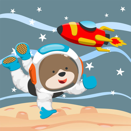 Cute cosmonaut bear in a spacesuit flies in outer space. Vector illustration on the space theme in cartoon style.のイラスト素材