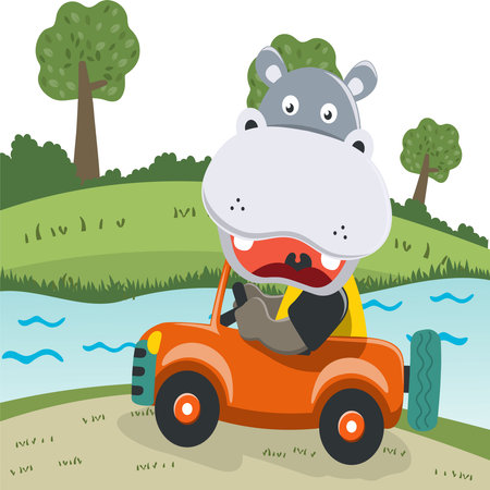 cute hippo driving a car go to forest funny animal cartoon. Creative vector childish background for fabric, textile, nursery wallpaper, poster, card, brochure. and other decoration.のイラスト素材