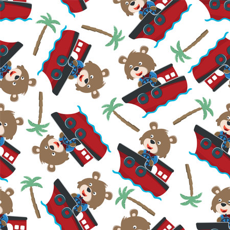 Seamless pattern of funny bear on little boat with cartoon style. Can be used for t-shirt printing, children wear fashion designs, baby shower invitation cards and other decoration.のイラスト素材
