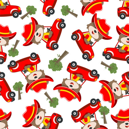 Seamless pattern of cute little fox driving a car go to forest funny animal cartoon,vector illustration. Vector illustration. T-Shirt Design for children. Design elements for kids.のイラスト素材