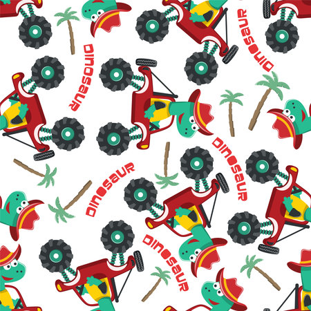Seamless pattern vector of monster truck with animal driver. Creative vector childish background for fabric textile, nursery background, baby clothes, poster, wrapping paper and other decoration.のイラスト素材