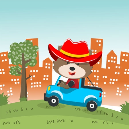 cute bear driving a car go to forest funny animal cartoon. Creative vector childish background for fabric, textile, nursery wallpaper, poster, card, brochure. and other decoration.のイラスト素材