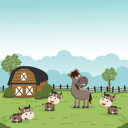 Happy horse cartoon in the farm with barn and green field and little cow. Nature and country concept. Vector childish background for fabric textile, nursery wallpaper, poster and other decoration.のイラスト素材