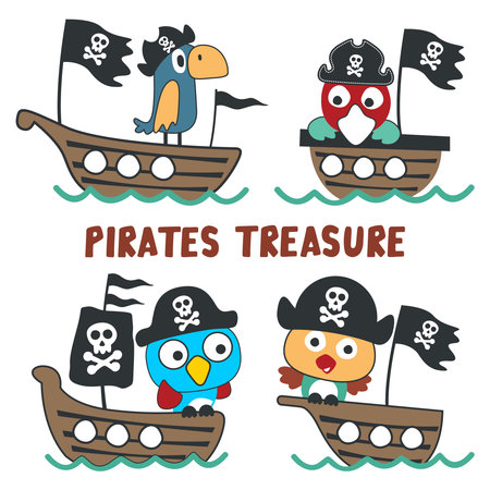 Vector illustration of pirate bird has found the treasure in cartoon style. Pirate flag, treasure chest. Isolate on a white background.のイラスト素材