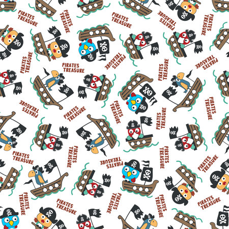 Seamless pattern of pirate bird has found the treasure in cartoon style. Pirate flag, treasure chest. Isolate on a white background.のイラスト素材
