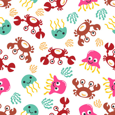 seamless pattern of Cartoon sea animals. Cute funny crab and jellyfish. Can be used for t-shirt print, Creative vector childish background for fabric textile, nursery wallpaper and other decoration.のイラスト素材